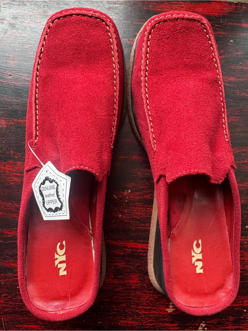NWT NYC Red Genuine Leather Suede Mule Loafers Size 9 Slides